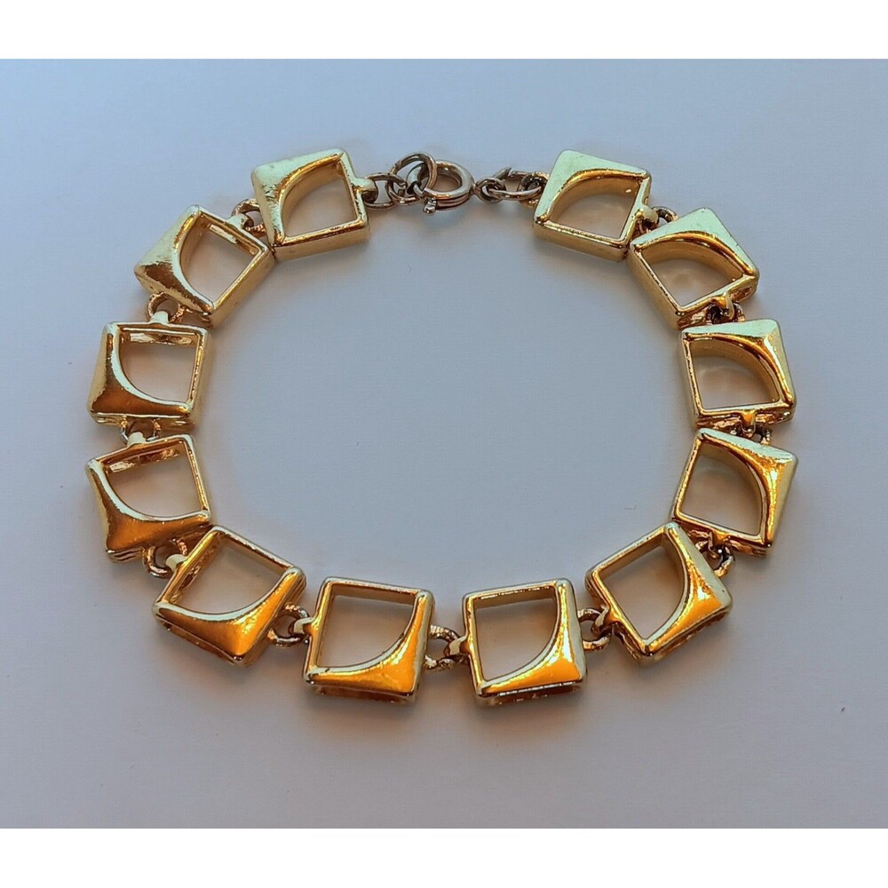 Vintage 1980s Goldtone Geometric Square Wave Link Bracelet 7 in